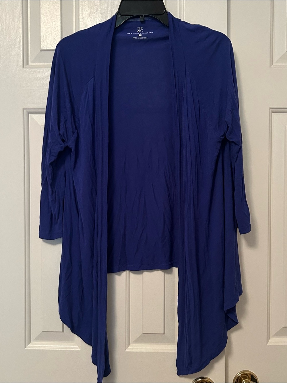 New York & Company Open 3/4 Sleeve Knit Draped Cardigan Cobalt Blue Size Large